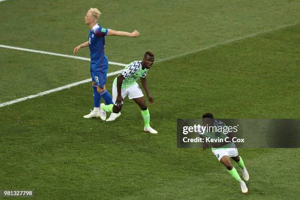 Ahmed Musa of Nigeria celebrates with teammate Kelechi Iheanacho after scoring his team's second goal during the 2018 FIFA World Cup Russia group D...