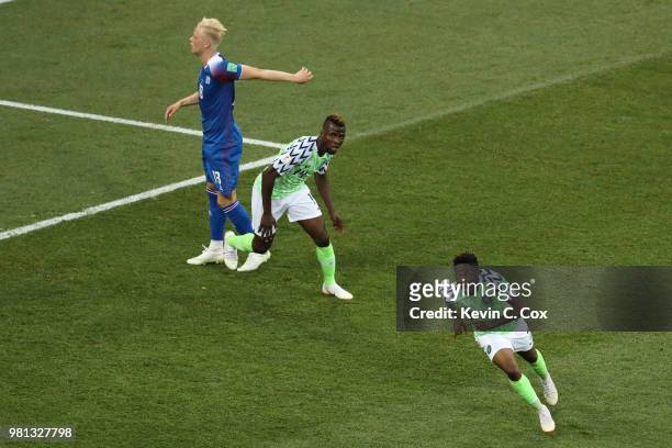 Ahmed Musa of Nigeria celebrates with teammate Kelechi Iheanacho after scoring his team's second goal during the 2018 FIFA World Cup Russia group D...