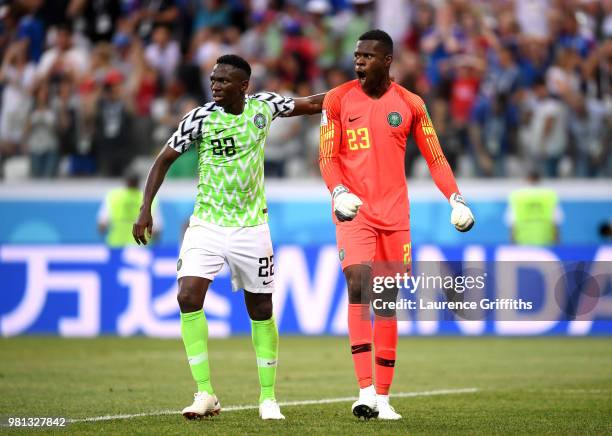 Francis Uzoho of Nigeria celebrates after Iceland miss a penalty during the 2018 FIFA World Cup Russia group D match between Nigeria and Iceland at...