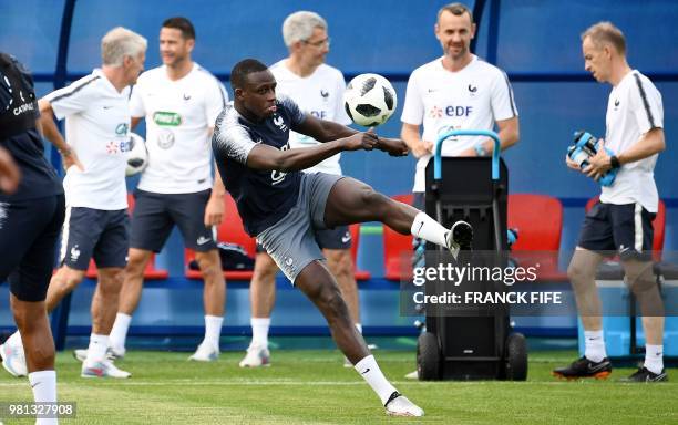 France's defender Benjamin Mendy kicks the ball during a friendly football match against a selection of 19-year-old players from Spartak Moscow at...