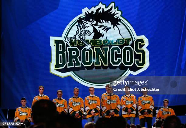 The Humboldt Broncos stand onstage during the 2018 NHL Awards presented by Hulu at The Joint inside the Hard Rock Hotel & Casino on June 20, 2018 in...