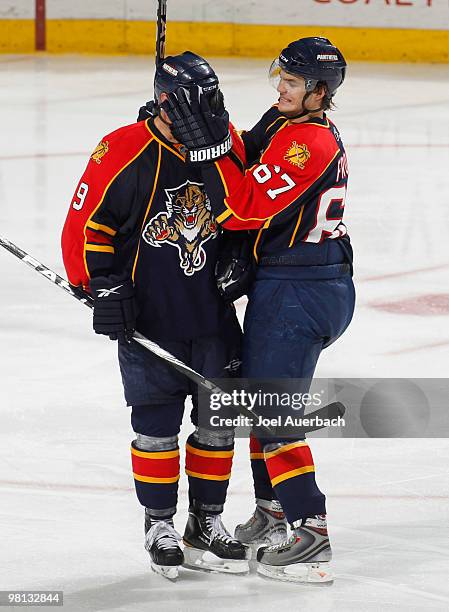Stephen Weiss has his face covered by Michael Frolik of the Florida Panthers after he scored a goal against the Nashville Predators on March 29, 2010...