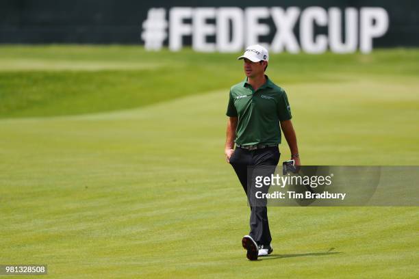 Brian Harman of the United States walks on the ninth hole during the second round of the Travelers Championship at TPC River Highlands on June 22,...