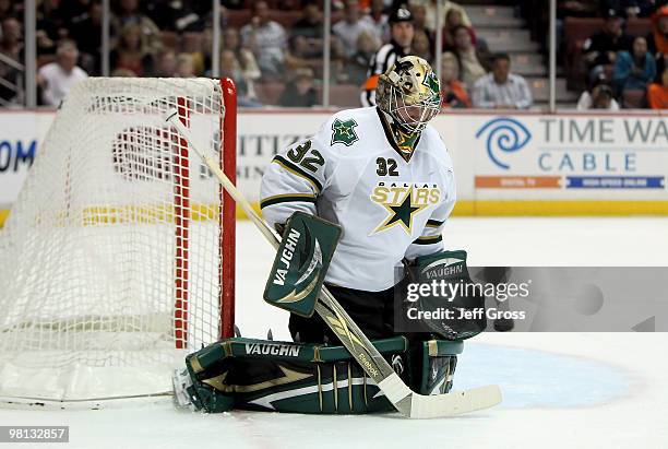 Goaltender Kari Lehtonen of the Dallas Stars makes a save in the first period against the Anaheim Ducks at the Honda Center on March 29, 2010 in...