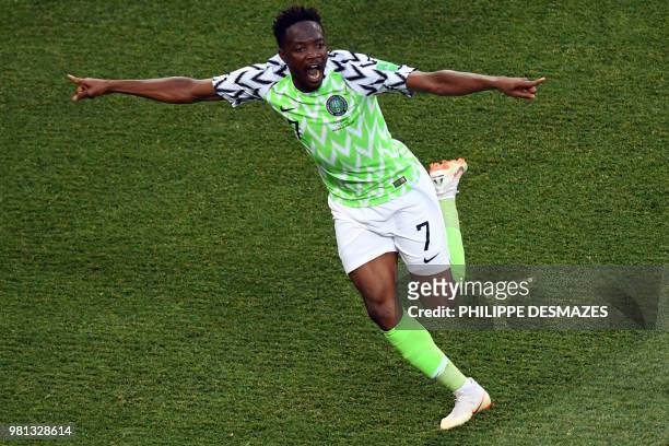Nigeria's forward Ahmed Musa celebrates after scoring a goal during the Russia 2018 World Cup Group D football match between Nigeria and Iceland at...