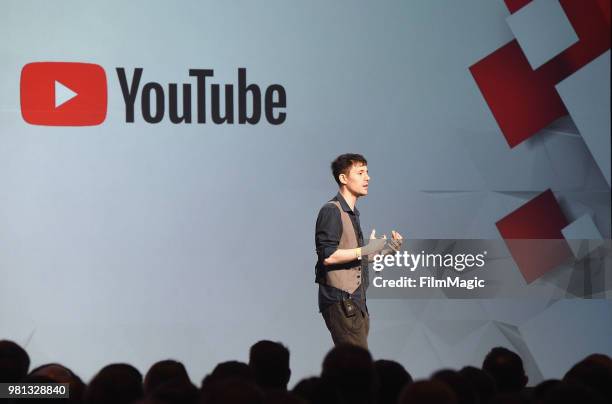 Kurt Hugo Schneider speaks onstage during the YouTube Keynote: Building Communities and the Next Generation of Media Companies Panel during VidCon at...