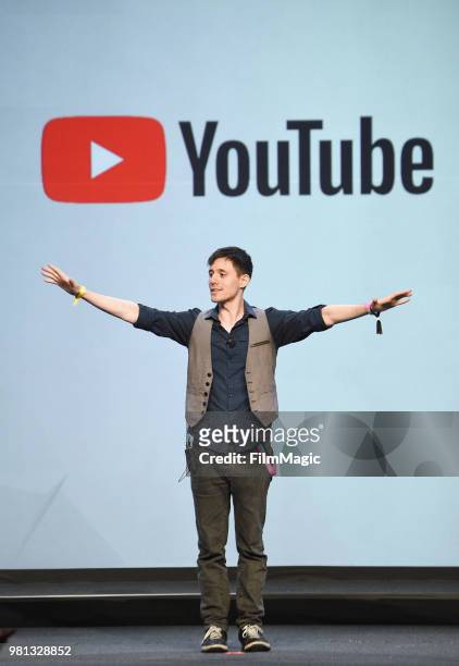 Kurt Hugo Schneider speaks onstage during the YouTube Keynote: Building Communities and the Next Generation of Media Companies Panel during VidCon at...