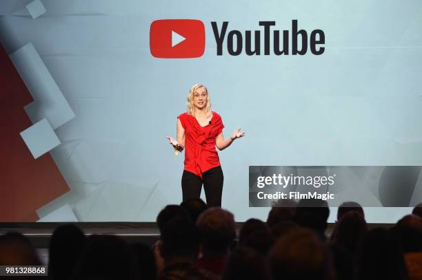 Kati Marton speaks onstage during the YouTube Keynote: Building Communities and the Next Generation of Media Companies Panel during VidCon at Anaheim...