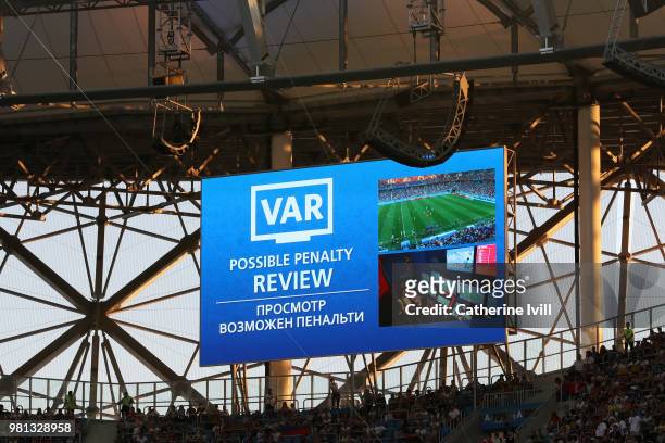 The big screen inside the stadium shows that a VAR review is in place which resulted in Iceland being awarded a penalty during the 2018 FIFA World...