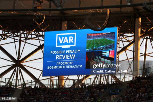 The big screen inside the stadium shows that a VAR review is in place which resulted in Iceland being awarded a penalty during the 2018 FIFA World...