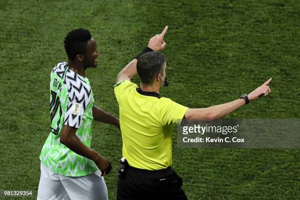 Referee Matthew Conger announces a VAR review during the 2018 FIFA World Cup Russia group D match between Nigeria and Iceland at Volgograd Arena on...