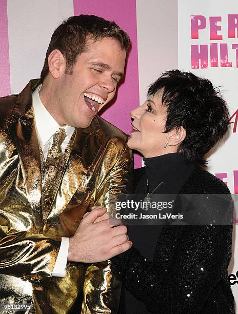 Perez Hilton and Liza Minnelli attend Perez Hilton's "Carn-Evil" Theatrical Freak and Funk 32nd birthday party at Paramount Studios on March 27, 2010...