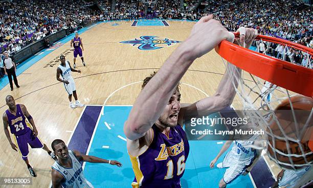 Pau Gasol of the Los Angeles Lakers dunks against the New Orleans Hornets on March 29, 2010 at the New Orleans Arena in New Orleans, Louisiana. NOTE...