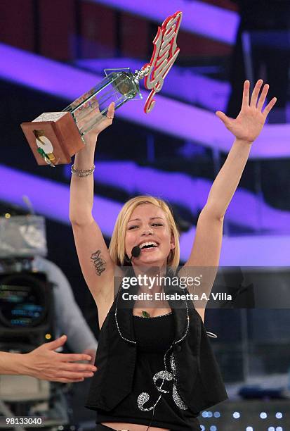Emma Marrone shows her award during the 9th edition of the Italian TV show "Amici" at the Cinecitta Studios on March 29, 2010 in Rome, Italy.