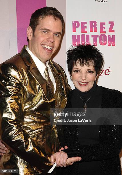 Perez Hilton and Liza Minnelli attend Perez Hilton's "Carn-Evil" Theatrical Freak and Funk 32nd birthday party at Paramount Studios on March 27, 2010...