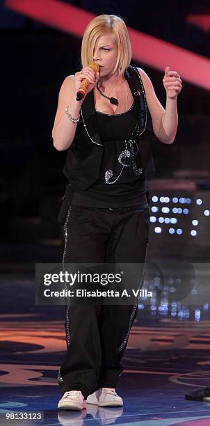 Singer Emma Marrone performs during the 9th edition of the Italian TV show "Amici" at the Cinecitta Studios on March 29, 2010 in Rome, Italy.