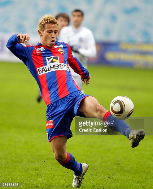 Keisuke Honda of PFC CSKA Moscow in action during the Russian Football League Championship match between PFC CSKA Moscow and FC Dynamo Moscow at the...