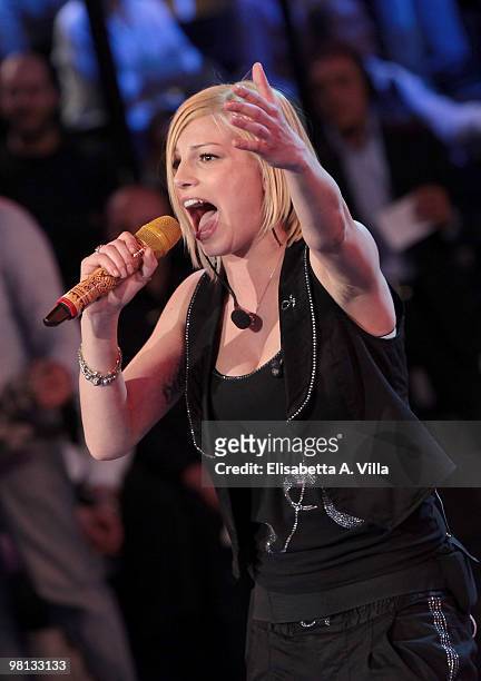 Singer Emma Marrone performs during the 9th edition of the Italian TV show "Amici" at the Cinecitta Studios on March 29, 2010 in Rome, Italy.