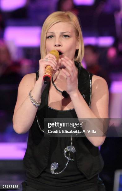 Singer Emma Marrone performs during the 9th edition of the Italian TV show "Amici" at the Cinecitta Studios on March 29, 2010 in Rome, Italy.