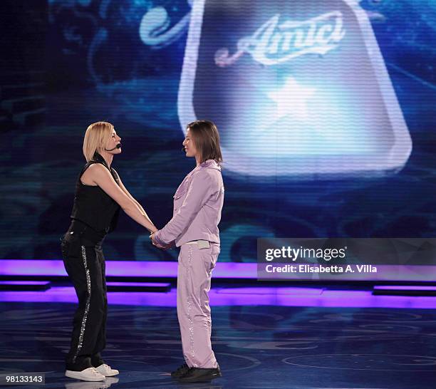 Emma Marrone and Loredana Errore appear on the 9th edition of the Italian TV show "Amici" at the Cinecitta Studios on March 29, 2010 in Rome, Italy.