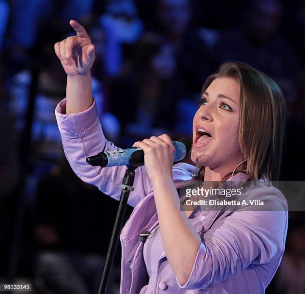 Singer Loredana Errore performs during the 9th edition of the Italian TV show "Amici" at the Cinecitta Studios on March 29, 2010 in Rome, Italy.