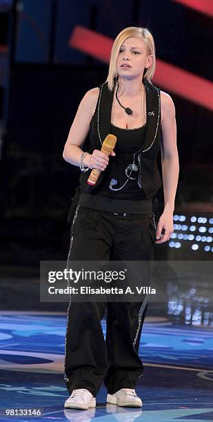 Singer Emma Marrone performs during the 9th edition of the Italian TV show "Amici" at the Cinecitta Studios on March 29, 2010 in Rome, Italy.