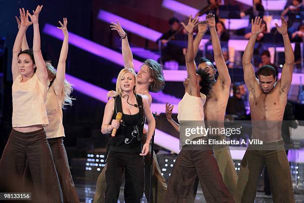 Singer Emma Marrone performs during the 9th edition of the Italian TV show "Amici" at the Cinecitta Studios on March 29, 2010 in Rome, Italy.