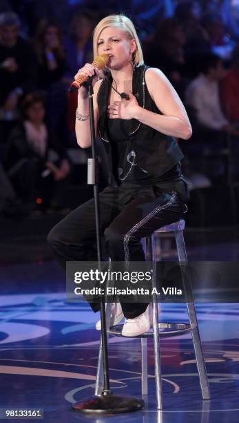 Singer Emma Marrone performs during the 9th edition of the Italian TV show "Amici" at the Cinecitta Studios on March 29, 2010 in Rome, Italy.