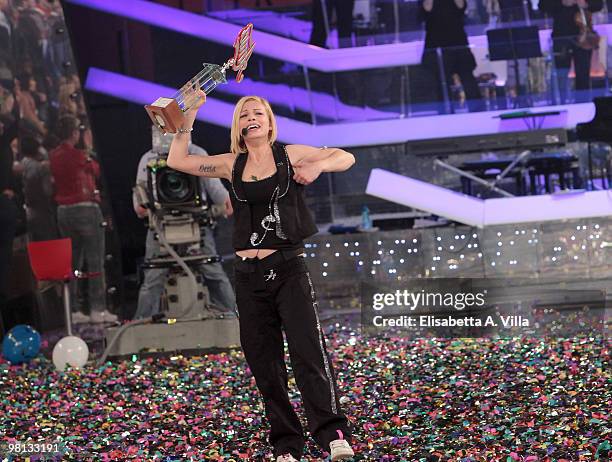 Emma Marrone shows her award during the 9th edition of the Italian TV show "Amici" at the Cinecitta Studios on March 29, 2010 in Rome, Italy.