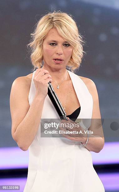 Presenter Maria De Filippi appears on the 9th edition of the Italian TV show "Amici" at the Cinecitta Studios on March 29, 2010 in Rome, Italy.