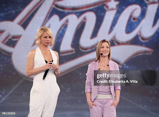 Presenter Maria De Filippi and singer Loredana Errore appear on the 9th edition of the Italian TV show "Amici" at the Cinecitta Studios on March 29,...