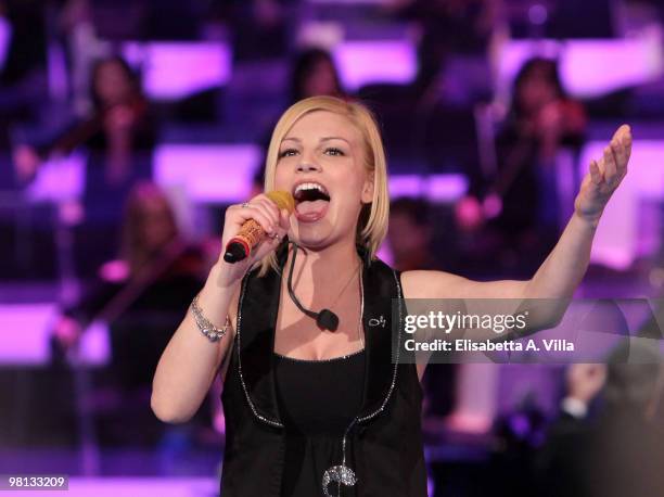 Singer Emma Marrone performs during the 9th edition of the Italian TV show "Amici" at the Cinecitta Studios on March 29, 2010 in Rome, Italy.