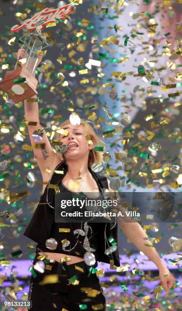 Emma Marrone shows her award during the 9th edition of the Italian TV show "Amici" at the Cinecitta Studios on March 29, 2010 in Rome, Italy.