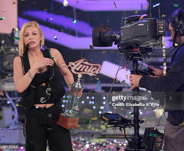 Emma Marrone shows her award during the 9th edition of the Italian TV show "Amici" at the Cinecitta Studios on March 29, 2010 in Rome, Italy.