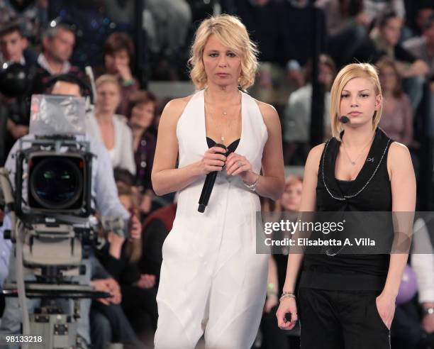 Emma Marrone and TV presenter Maria De Filippi appear on the 9th edition of the Italian TV show "Amici" at the Cinecitta Studios on March 29, 2010 in...