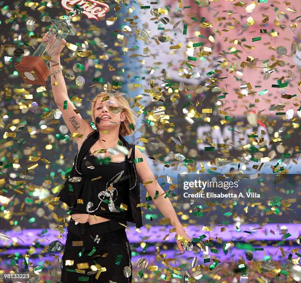 Emma Marrone shows her award during the 9th edition of the Italian TV show "Amici" at the Cinecitta Studios on March 29, 2010 in Rome, Italy.