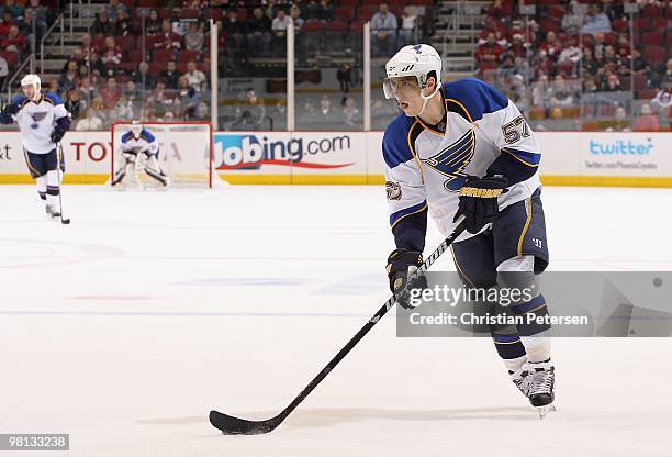 David Perron of the St. Louis Blues skates with the puck during the NHL game against the Phoenix Coyotes at Jobing.com Arena on March 2, 2010 in...