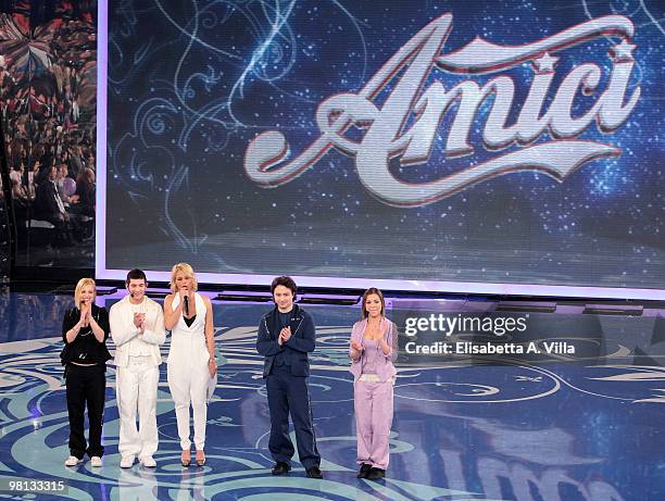 Emma Marrone, Pierdavide Carone, Maria De Filippi, Matteo Macchioni and Loredana Errore appear on the 9th edition of the Italian TV show "Amici" at...