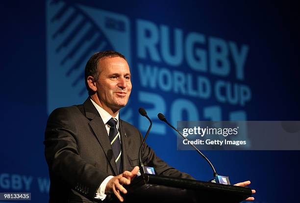 New Zealand Prime Minister John Key addresses the audience during the Official Ticket Sales Launch of the Rugby World Cup 2011 at Sky City on March...