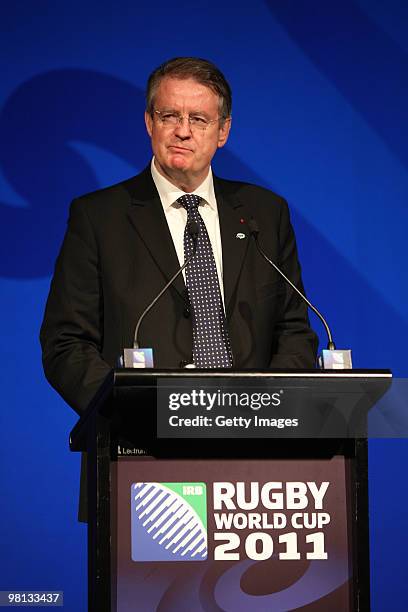 Bernard Lapasset of Rugby World Cup Limited addresses the audience during the Official Ticket Sales Launch of the Rugby World Cup 2011 at Sky City on...