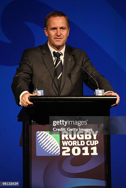 New Zealand Prime Minister John Key addresses the audience during the Official Ticket Sales Launch of the Rugby World Cup 2011 at Sky City on March...