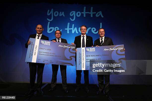 Jock Hobbs of New Zealand Rugby Union, Murray McCully, Minister of Sport, Bernard Lapasset Chairman of Rugby World Cup Limited and New Zealand Prime...