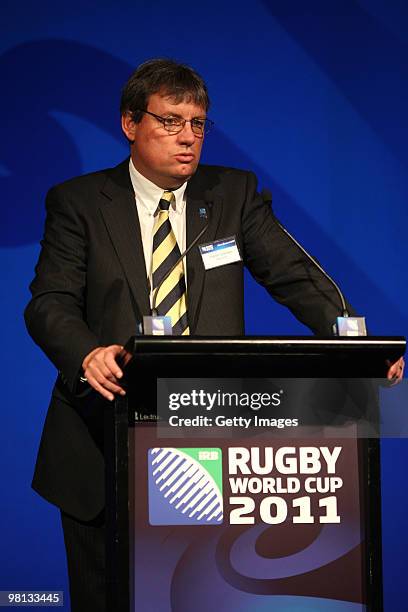 Martin Snedden of Rugby New Zealand 2011 Limited addresses the audience during the Official Ticket Sales Launch of the Rugby World Cup 2011 at Sky...