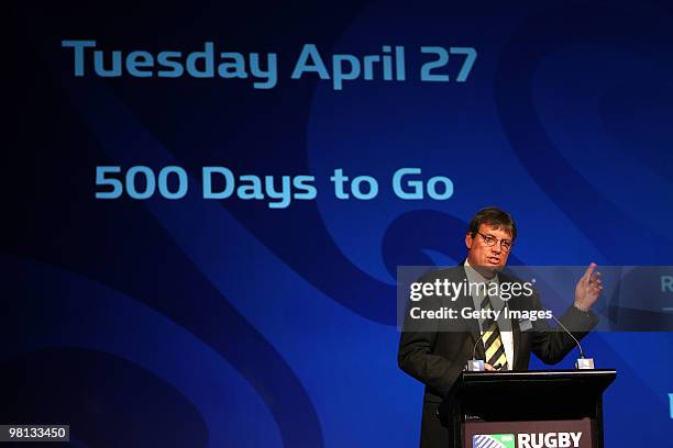 Martin Snedden of Rugby New Zealand 2011 Limited addresses the audience during the Official Ticket Sales Launch of the Rugby World Cup 2011 at Sky...