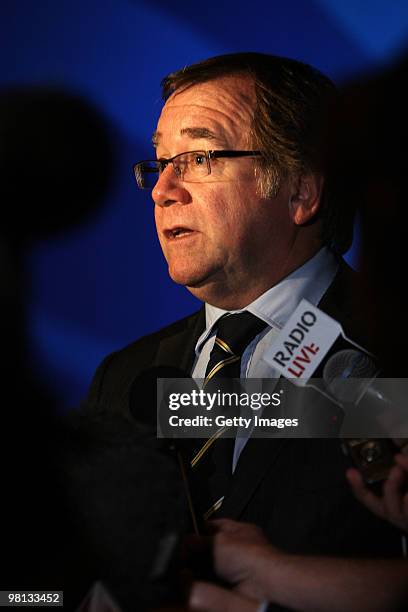 Murray McCully, Minister of Sport is interviewed by media during the Official Ticket Sales Launch of the Rugby World Cup 2011 at Sky City on March...
