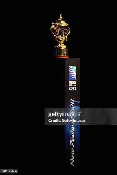 The Webb Ellis Cup on display during the Official Ticket Sales Launch of the Rugby World Cup 2011 at Sky City on March 30, 2010 in Auckland, New...