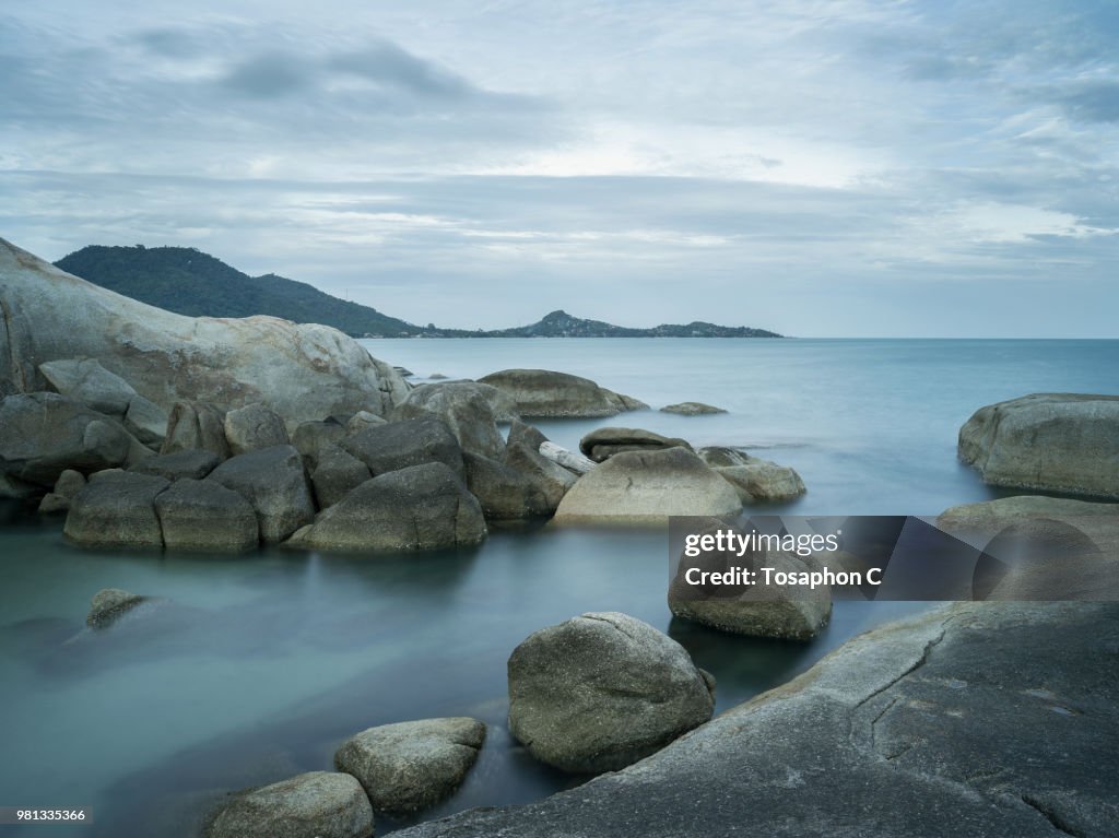 Island coastline on cloudy day, Samui Island, Thailand
