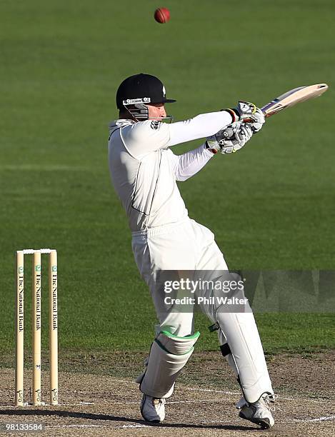 Brendon McCullum of New Zealand bats during day four of the Second Test match between New Zealand and Australia at Seddon Park on March 30, 2010 in...