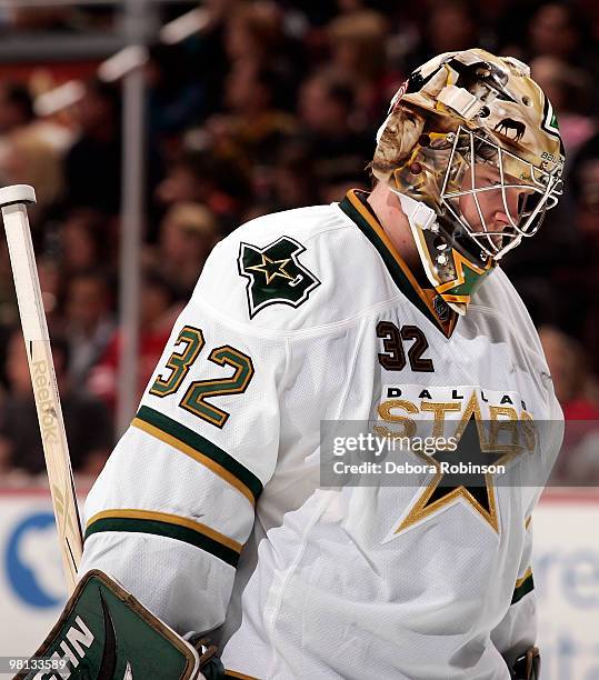 Kari Lehtonen of the Dallas Stars skates on the ice against the Anaheim Ducks during the game on March 29, 2010 at Honda Center in Anaheim,...