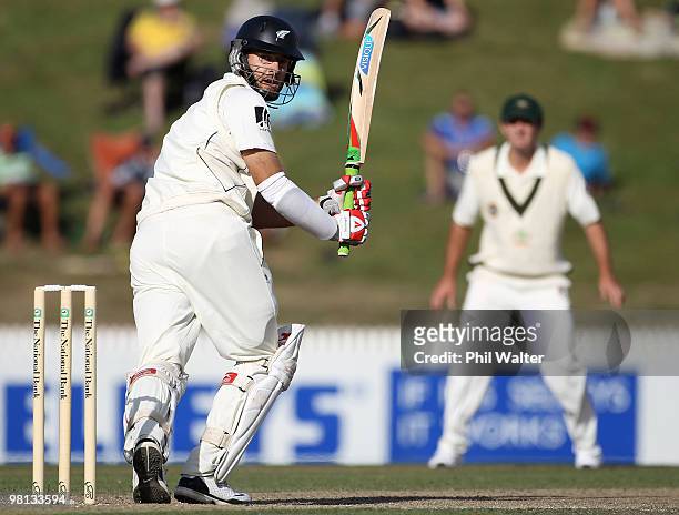 Daniel Vettori of New Zealand bats during day four of the Second Test match between New Zealand and Australia at Seddon Park on March 30, 2010 in...
